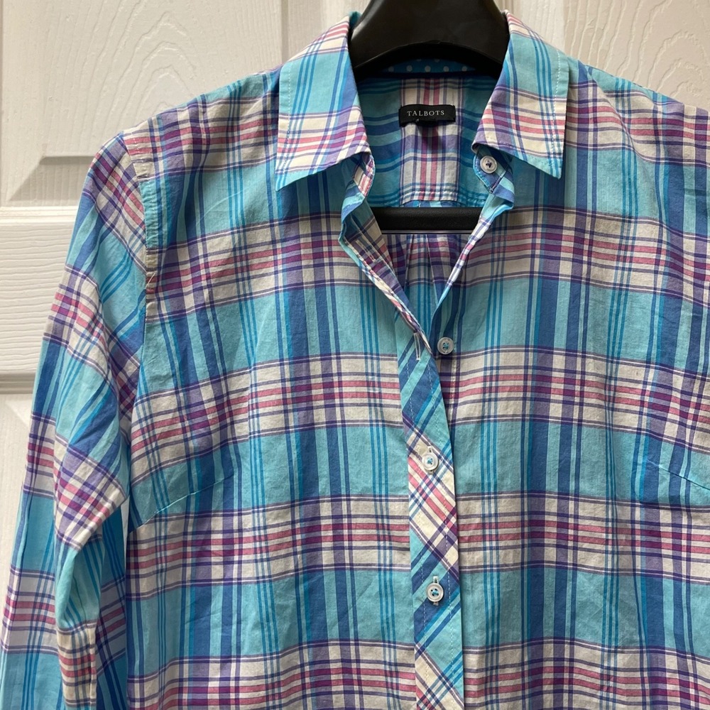Talbots Women Pink Blue Green Plaid Button Cotton Long Sleeve Collar Shirt Top S